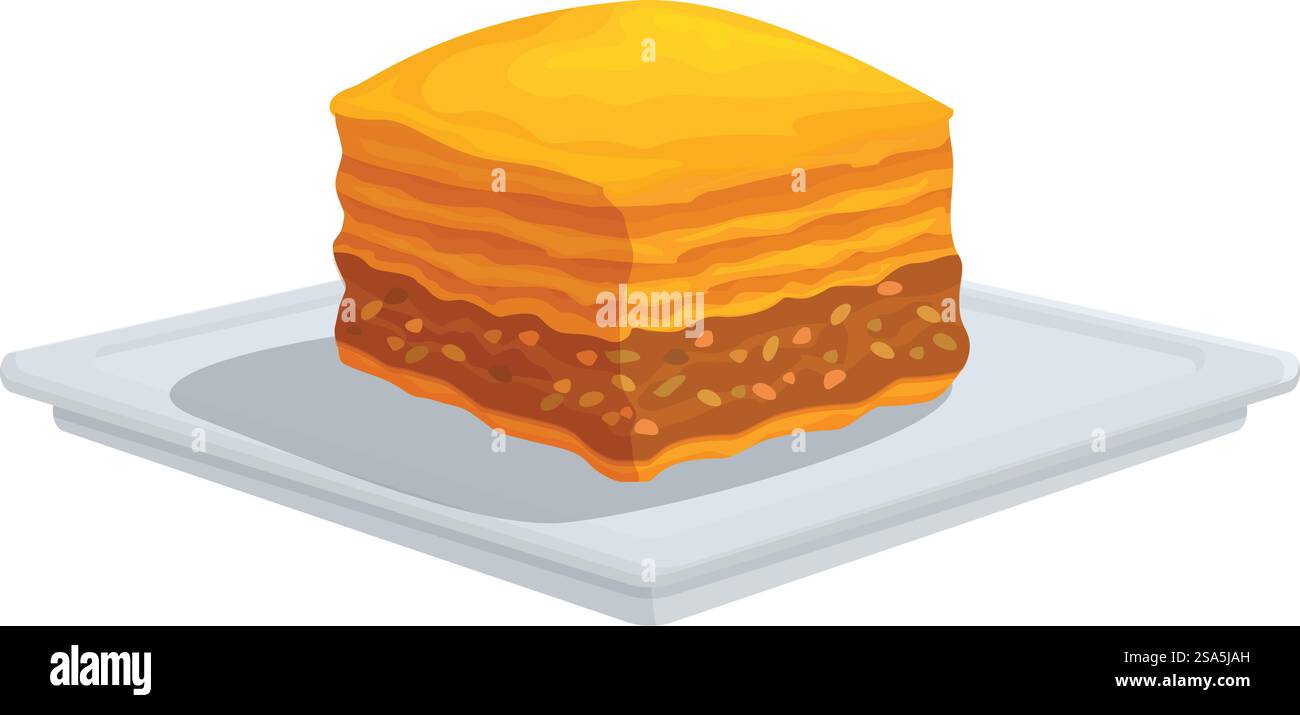 Köstliche Baklava mit ihren goldenen Schichten und der reichhaltigen Füllung liegt verführerisch auf einer quadratischen Platte, die bereit ist, jedes süße Verlangen zu befriedigen. Köstliche Baklava auf einem quadratischen Teller, ein süßer kulinarischer Genuss Stock Vektor