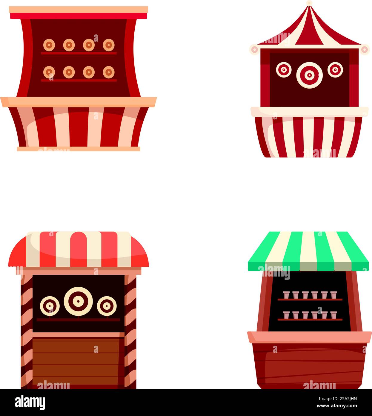 Vier stilisierte Vektor-Illustrationen von charmanten, kleinen Marktständen, die für Spiele und Grafiken geeignet sind. Eine Reihe farbenfroher Karikaturmarkt-Stände Stock Vektor