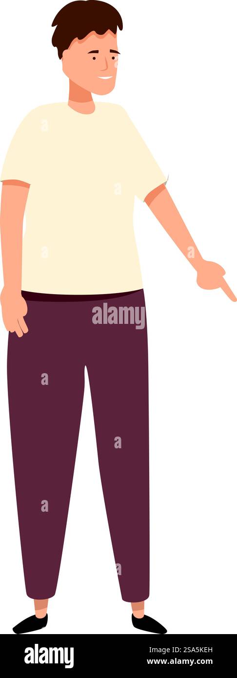 Der junge Mann zeigt mit dem Finger zur Seite, während er lächelt. Junger Mann, der zur Seite zeigt und etwas Wichtiges präsentiert Stock Vektor