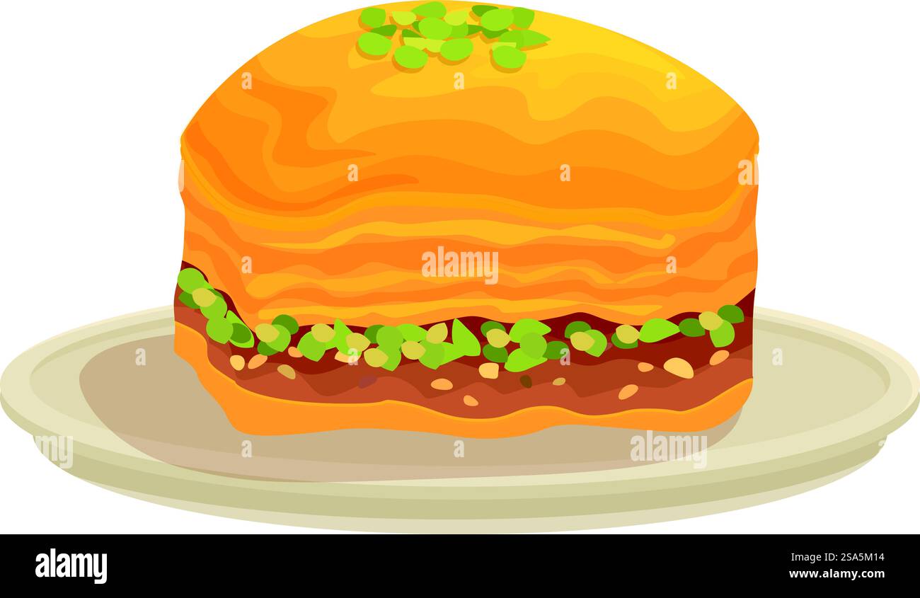 Süßer Baklava-Teig mit Schichten Filoteig, gefüllt mit gehackten Nüssen und gesüßt mit Sirup oder Honig. Baklava sitzt auf einem Teller, der mit Honig und Pistazien getränkt ist Stock Vektor