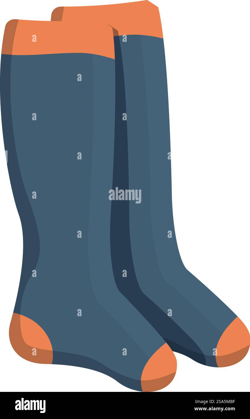 Lange blaue Socken stehen mit orangefarbenen Absätzen und Zehen auf unsichtbaren Füßen. Lange Socken, die auf unsichtbaren Füßen stehen, mit orangefarbenem Zehen- und Fersenbereich Stock Vektor