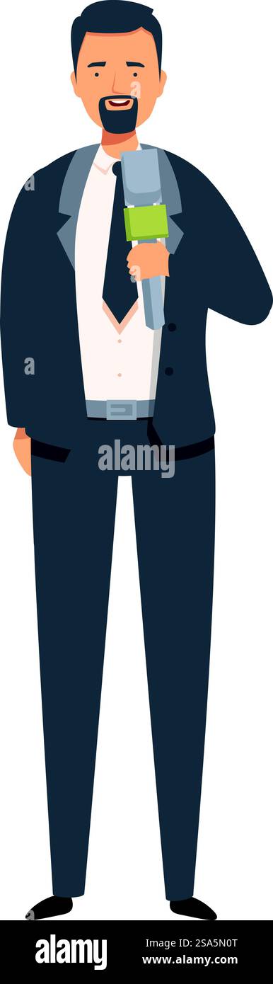 Journalist hält Mikrofon, macht tv-Reportagen, Interviews, tv-Nachrichtensender-Konzept. Journalist in formellem Anzug, stehend und mit Mikrofon Stock Vektor