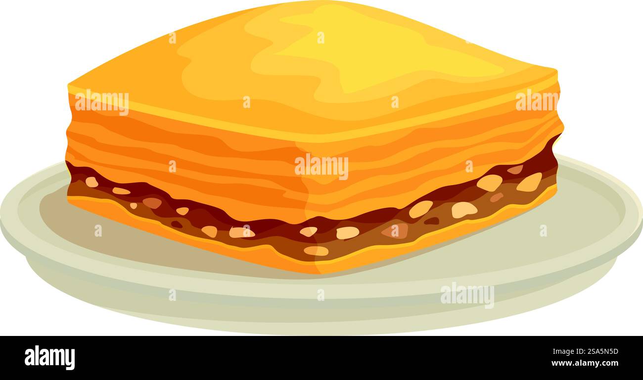 Köstliches quadratisches Baklava-Stück, das auf einem kleinen Teller liegt und seine knusprigen Schichten und die süße Nussfüllung zeigt. Quadratisches Baklavastück, das auf einem kleinen Teller liegt Stock Vektor