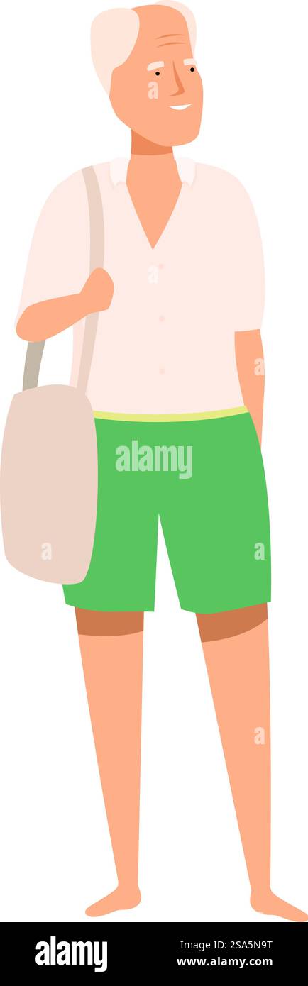 Seniorin mit Tragetasche, die einen entspannenden Tag genießt. Ein älterer Mann genießt den Ruhestand und geht mit Tragetasche Stock Vektor