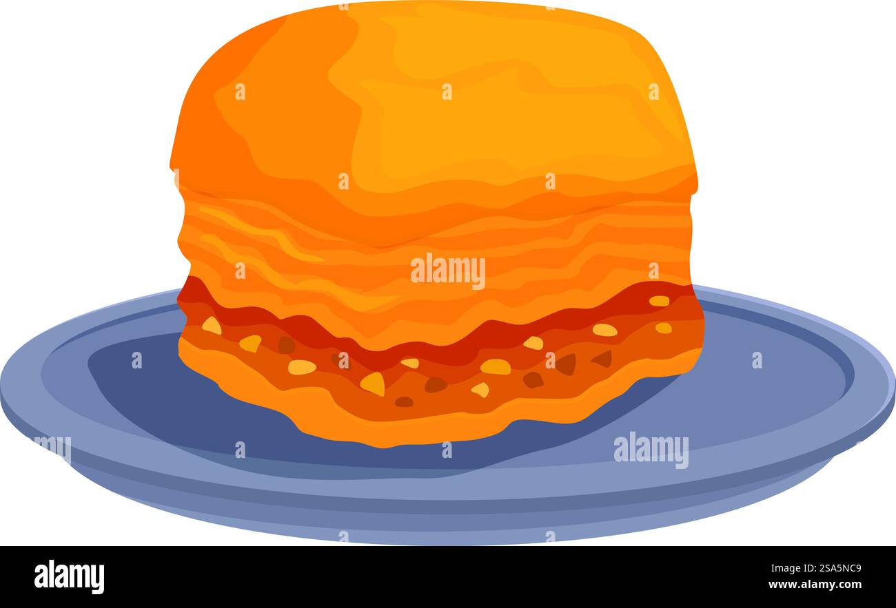 Dieses süße Leckerli besteht aus Schichten Filoteig, gefüllt mit gehackten Nüssen und gesüßt mit Sirup oder Honig. Köstliche Baklava, die auf einem Teller sitzt, wartet darauf, gegessen zu werden Stock Vektor