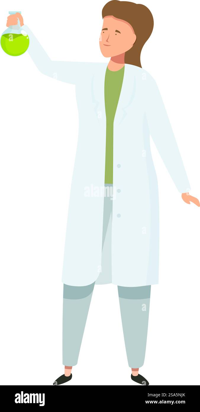 Der Wissenschaftler hält eine Flasche und führt ein wissenschaftliches Experiment durch. Wissenschaftlerin, die eine Flasche hält und wissenschaftliche Entdeckungen macht Stock Vektor