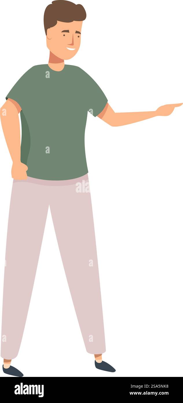 Der junge Mann steht und zeigt mit dem Finger auf die rechte Seite des Bildes. Junger Mann, der mit dem Finger zeigt und etwas erklärt Stock Vektor