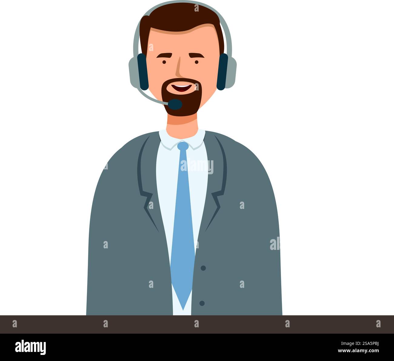 Lächelnder männlicher Callcenter-Operator, der ein Headset trägt, das an seinem Schreibtisch arbeitet. Der Call Center-Mitarbeiter lächelt, während er in sein Headset spricht Stock Vektor