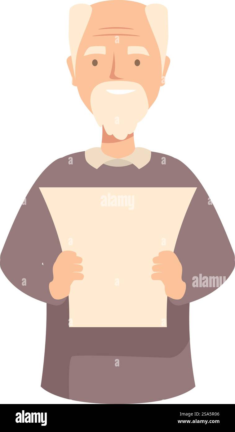 Glücklicher älterer Mann, der ein leeres Blatt Papier präsentiert, perfekt, um Ihre eigene Botschaft oder Ihr eigenes Design hinzuzufügen. Lächelnder Senior-Mann mit einem leeren Blatt Papier Stock Vektor