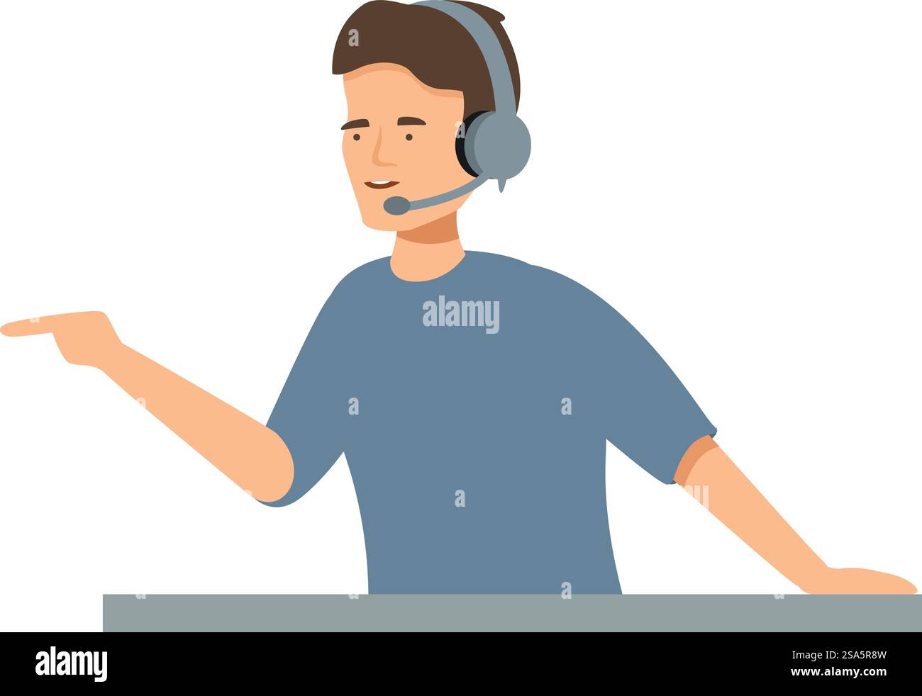 Ein männlicher Callcenter-Mitarbeiter, der ein Headset trägt, zeigt mit dem Finger. Der Call Center-Mitarbeiter erklärt einem Kunden etwas Stock Vektor
