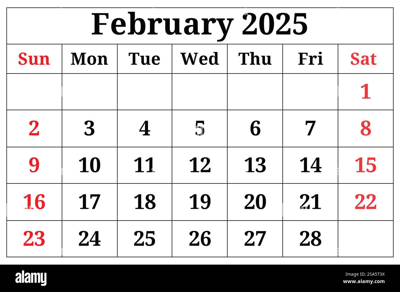 Februar 2025 ENGLISCHER Wintermonatskalender. Druckbare Abbildung. Monatliche Planung Stockfoto