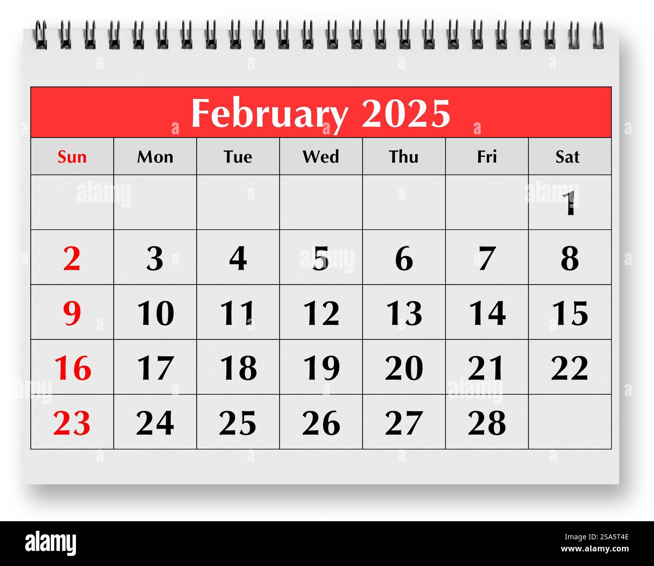 Eine Seite des jährlichen Monatskalenders – Wintermonat februar 2025 Stockfoto