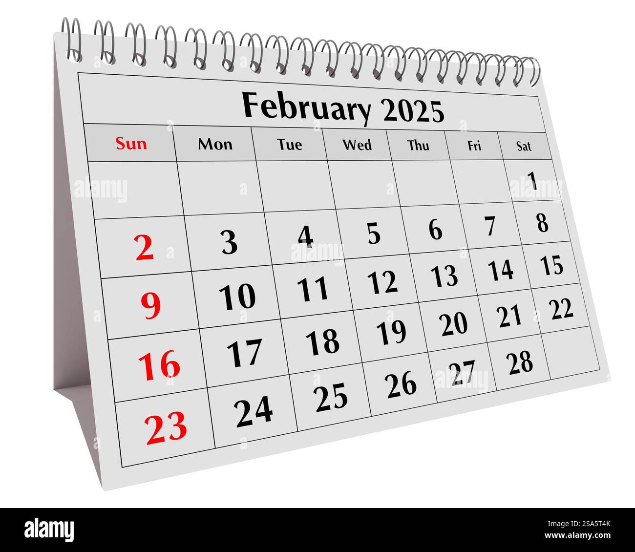 Februar 2025-Kalender. Seite des jährlichen Winterkalenders für den Business Desk-Monat auf weißem Hintergrund Stockfoto