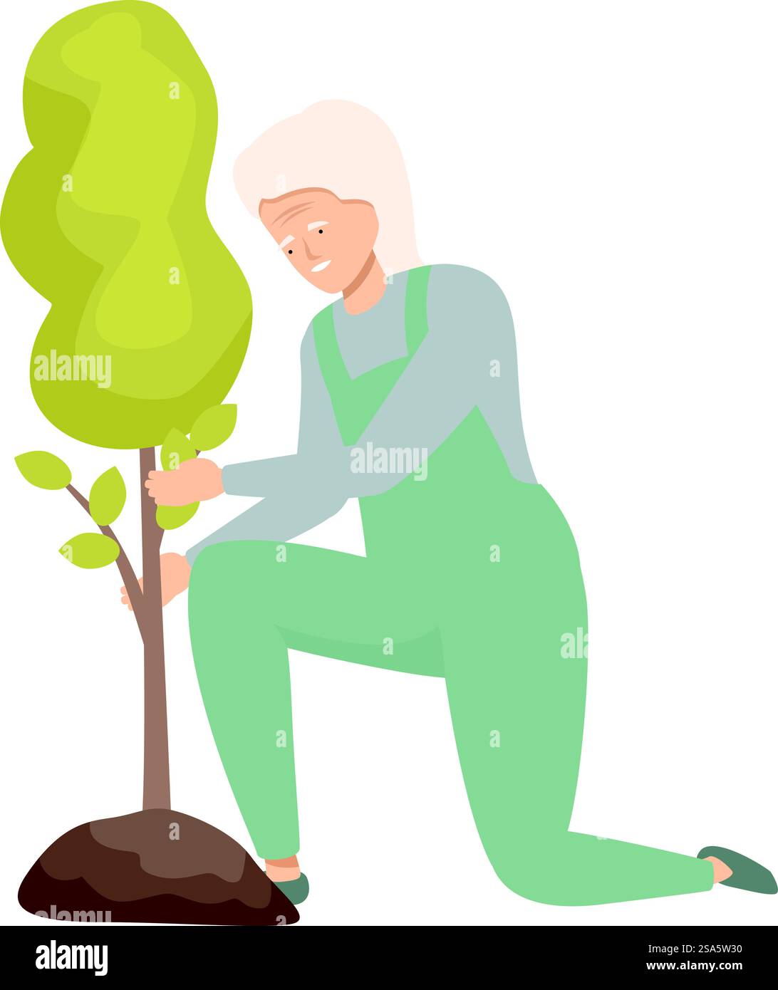 Der Gärtner pflanzt einen jungen Baum, der zur Wiederaufforstung und zum Umweltschutz beiträgt. Senior-Gärtnerin pflanzt jungen Baumsäubchen Stock Vektor