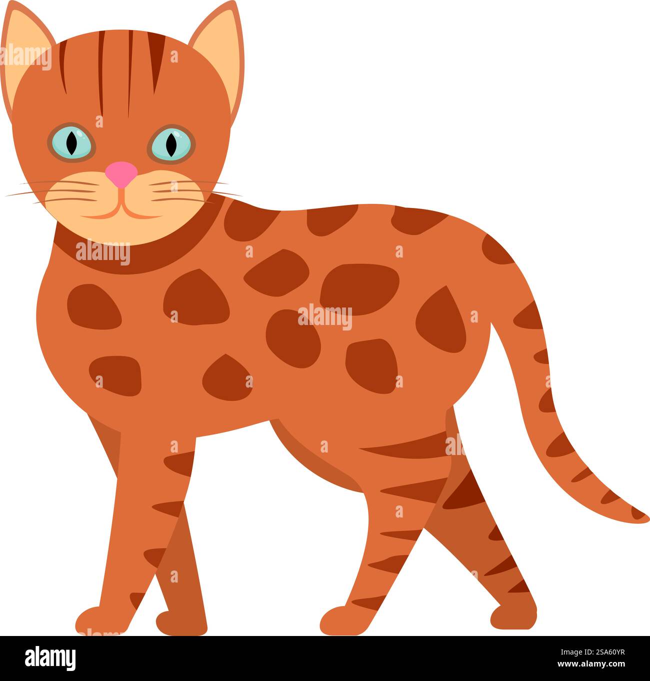 Bengalkatze, die selbstbewusst strähnt, ihre unverwechselbaren Markierungen auf dem Display. Die bengalische Katze, die mit Selbstvertrauen läuft, eine katzenartige Ikone der Gnade Stock Vektor