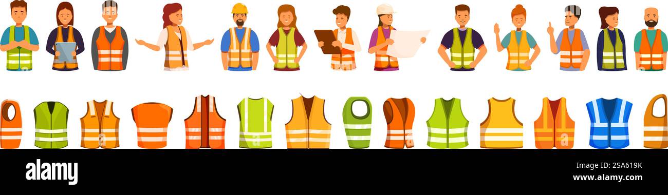 Sicherheitsweste Symbole gesetzt. Verschiedene Fachleute tragen gut sichtbare, reflektierende Sicherheitswesten, stehen und halten Bauwerkzeuge. Sicherheitsweste Symbole gesetzt. Sammlung von Arbeitern und reflektierenden Sicherheitswesten isoliert auf weißem Hintergrund Stock Vektor