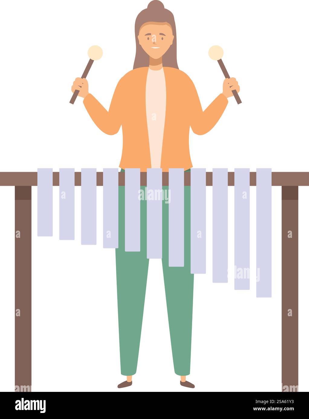 Frau, die Xylophon spielt, Musiker, der mit Schlägern und Holzinstrumenten spielt. Eine Musikerin spielt Xylophon mit Schlägern Stock Vektor