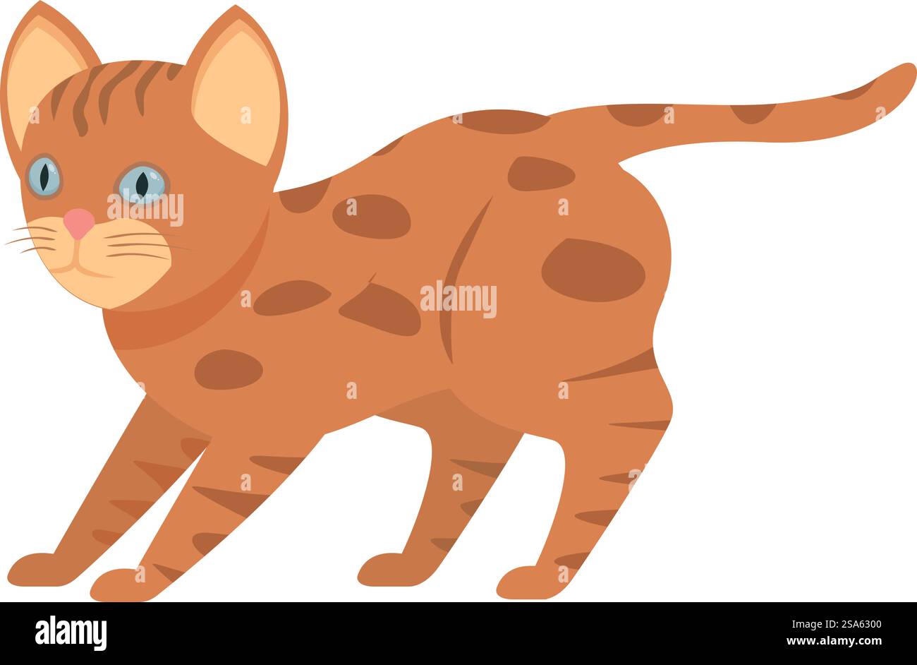 Süßes Ingwerkätzchen mit schwarzen Streifen, die den Körper spannen, isoliert auf weißem Hintergrund. Verspieltes Ingwerkätzchen dehnt seinen Körper aus, Seitenansicht Stock Vektor