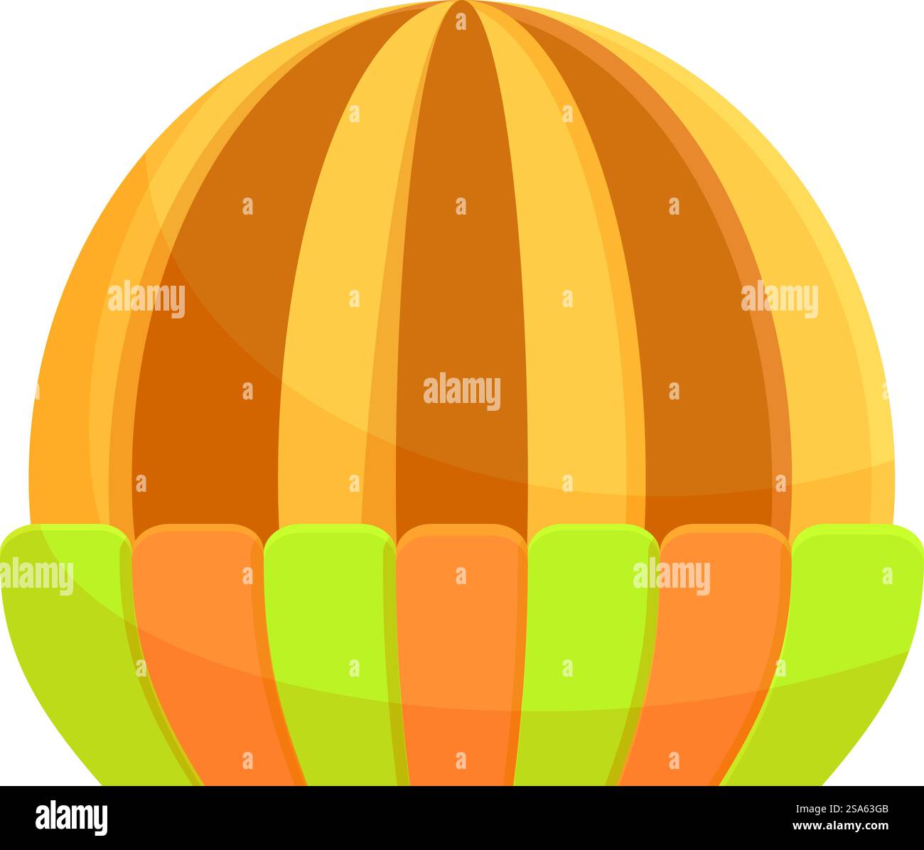 Gestreiftes, gelbes und orangefarbenes Zirkuszelt wartet auf das Publikum und die Vorstellung beginnt. Großes Zirkuszelt, bereit für die Show Stock Vektor