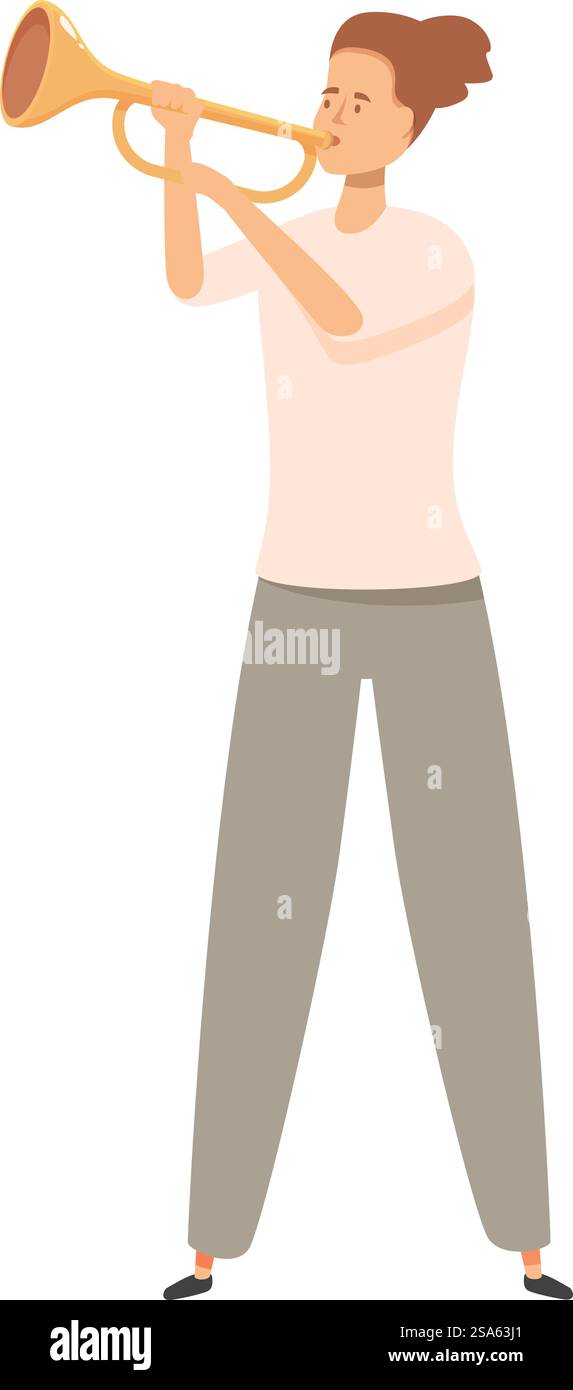 Musikerin, die Trompete bläst, stehendes Charakterdesign. Eine junge Frau, die Trompete spielt, ein Straßenmusiker, der auf der Straße der Stadt auftritt Stock Vektor