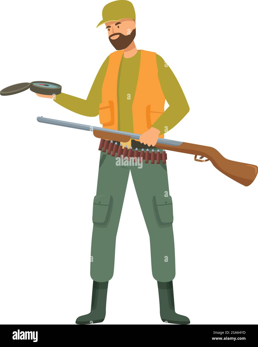 Hunter navigiert durch die Wildnis, hält Kompass und Gewehr, bereit für die Natur. Hunter hält Kompass und Gewehr und navigiert durch die Wildnis Stock Vektor
