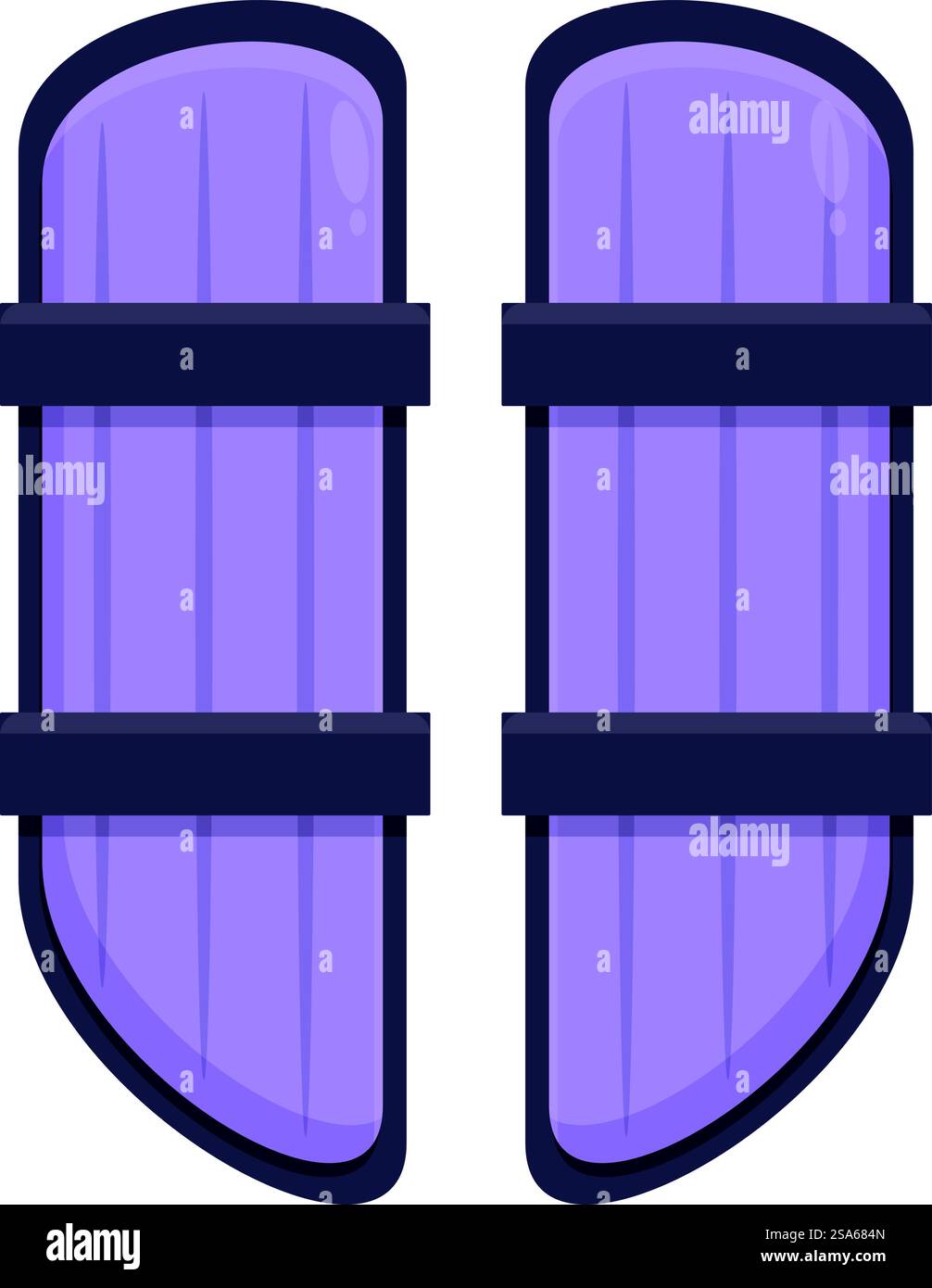 Ikone im Cartoon-Stil mit zwei violetten mittelalterlichen Holzschilden mit Metallteilen, die vor Angriffen schützen. Ein paar violette mittelalterliche Holzschilde, die vor Angriffen schützen Stock Vektor