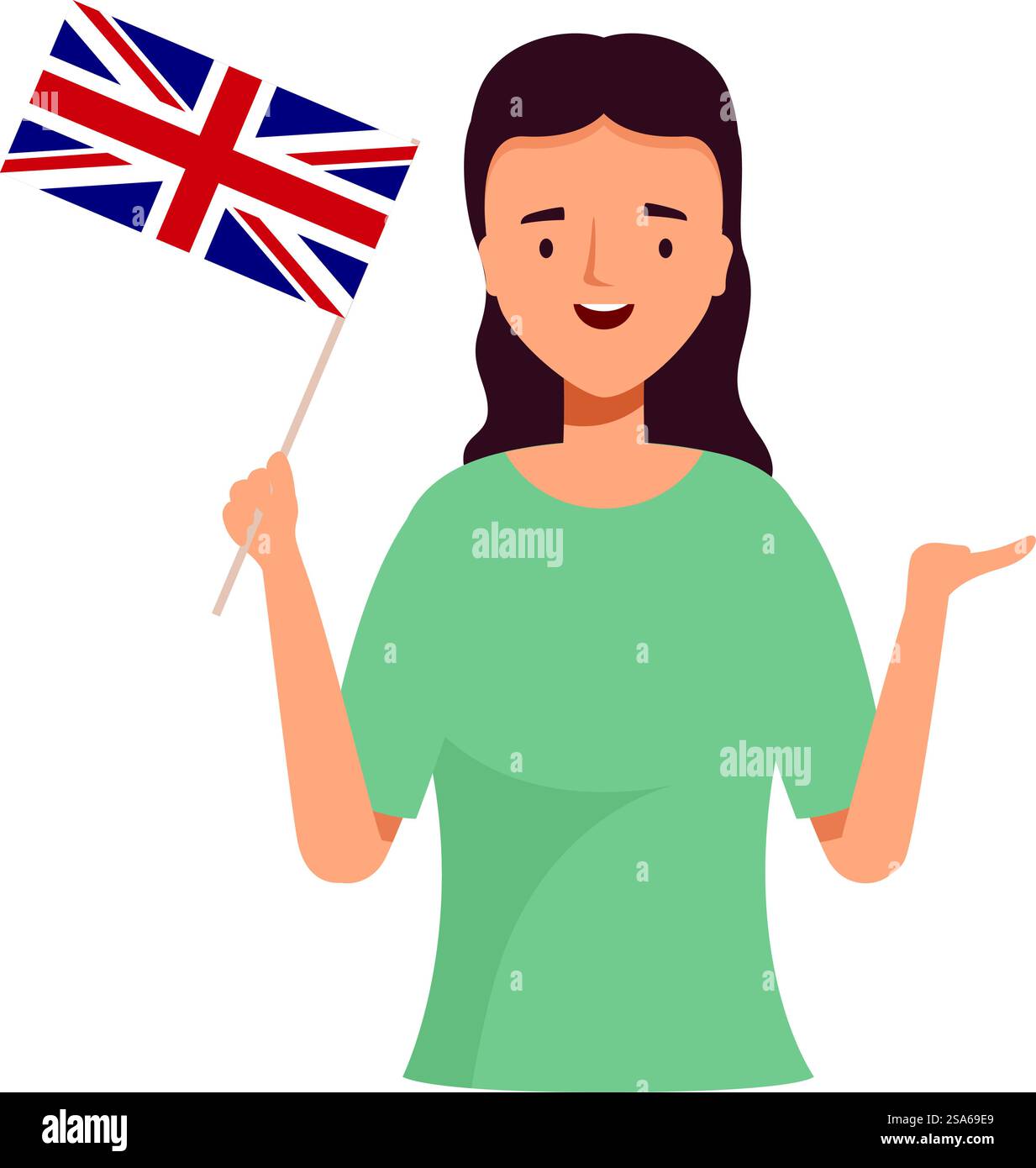 Die junge Frau hält eine britische Flagge und gibt mit der Hand Gesten. Eine junge Frau, die britische Flagge hält und mit der Hand Gesten macht Stock Vektor