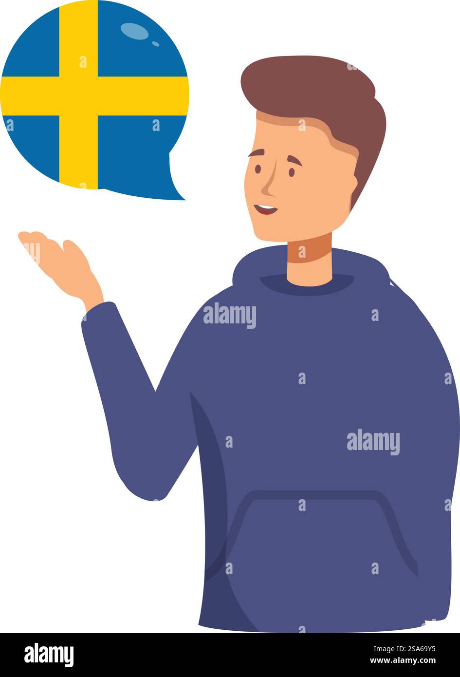 Junger Mann, der mit der Hand Gesten macht und schwedisch spricht, Sprechblase mit schwedischer Flagge, das schwedische Sprachkonzept lernt. Junger Mann, der schwedisch spricht, schwedisches Sprachlernkonzept Stock Vektor