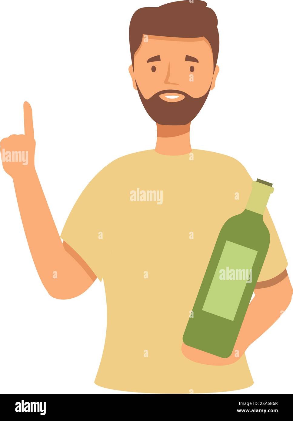 Ein bärtiger Mann hält eine Weinflasche und zeigt seinen Finger nach oben. Bärtiger Mann, der die Weinflasche hält und den Finger nach oben zeigt Stock Vektor