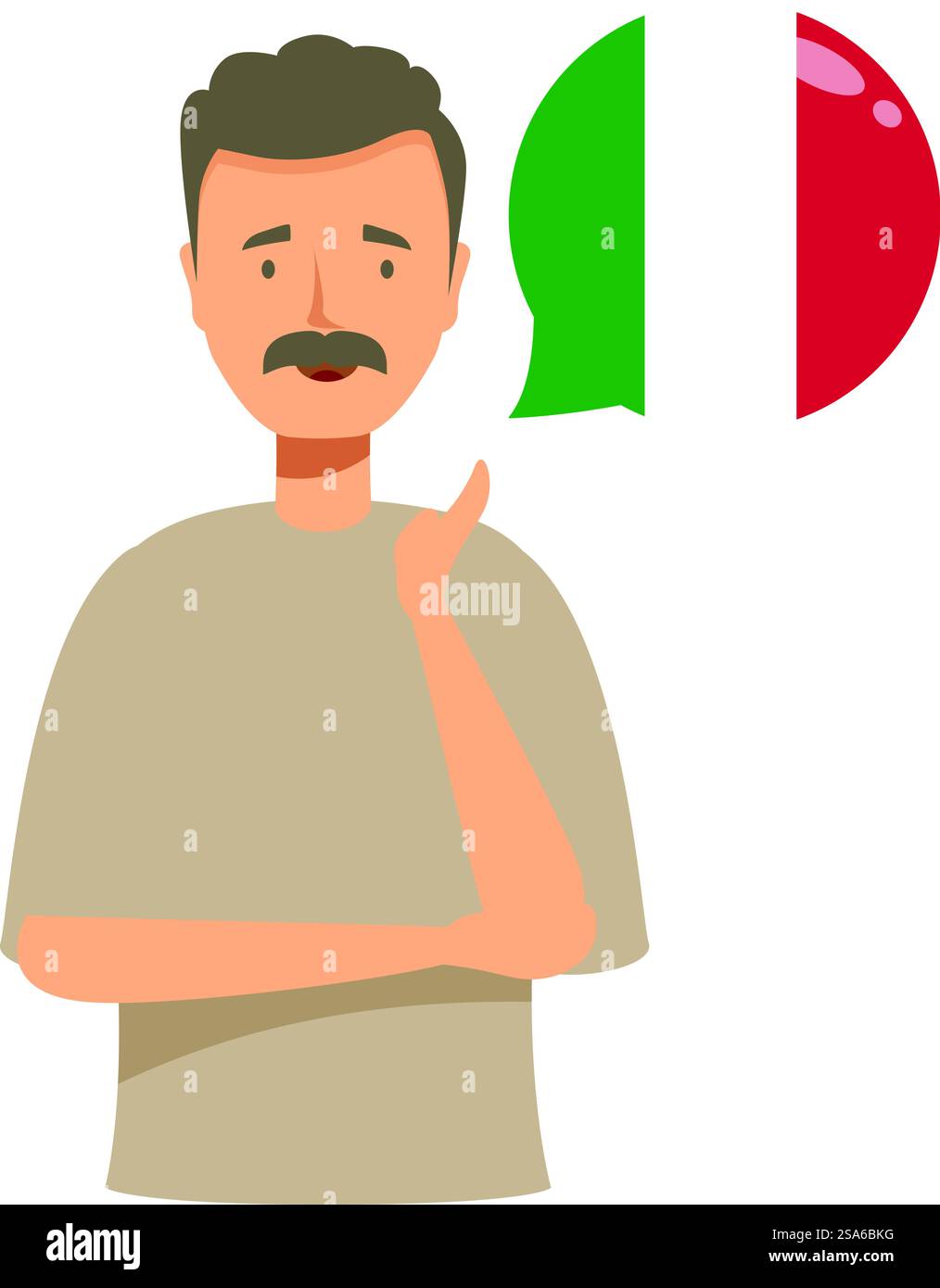 Ein Mann, der darüber nachdenkt, italienisch zu lernen, italienisches Sprachkonzept zu studieren. Ein Mann, der darüber nachdenkt, italienische Sprache zu lernen, mit italienischer Flagge in der Sprechblase Stock Vektor