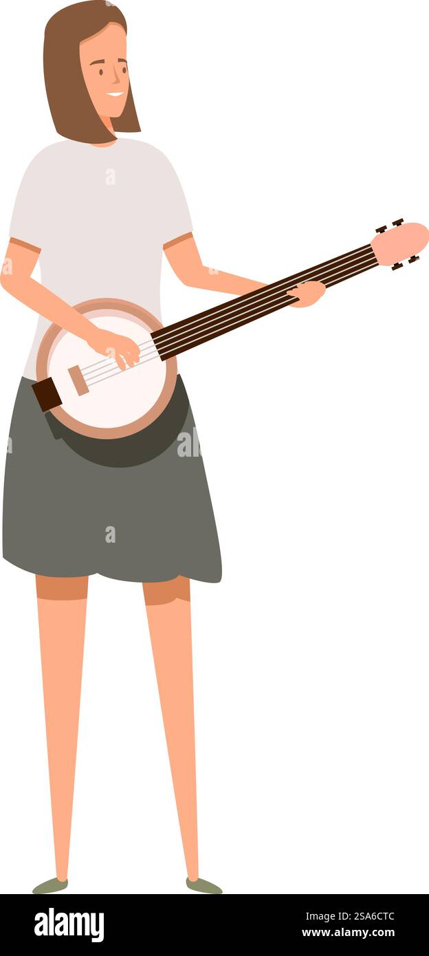 Die junge Frau spielt Banjo und genießt ein Country-Musikfestival. Junge Frau, die Banjo spielt und das Country-Musikfestival genießt Stock Vektor