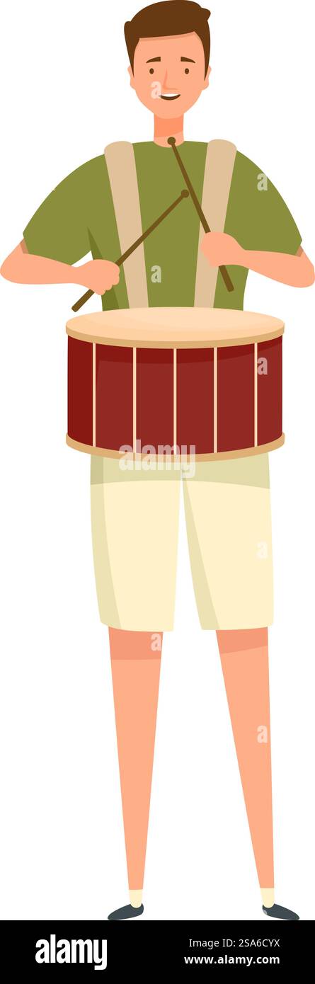 Ein männlicher Musiker hält Drumsticks und spielt eine große Snare-Trommel. Junger Mann, der mit Drumsticks eine Snare-Trommel spielt Stock Vektor