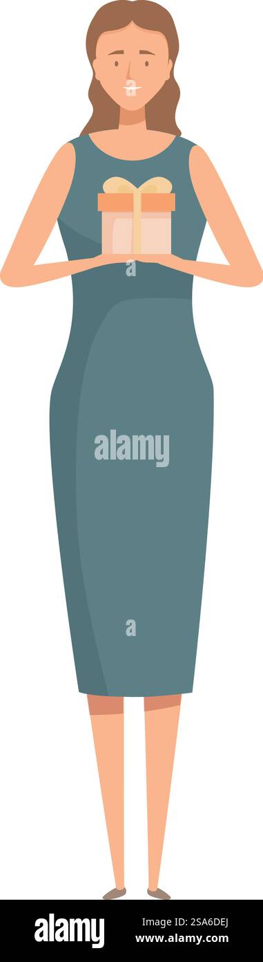 Geschäftsfrau steht und hält eine Geschenkbox. Lächelnde Geschäftsfrau in der Hand einer Geschenkbox Stock Vektor