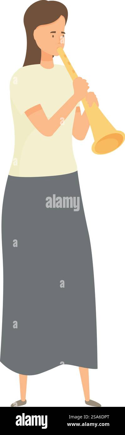 Junge Frau, die Trompete spielt, klassisches Orchesterinstrument. Ein junger Musiker spielt ein Trompetensolo Stock Vektor