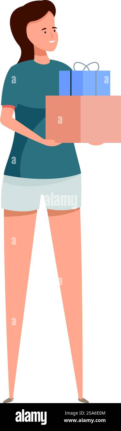 Die junge Frau hält eine Spendenbox mit einem Geschenk drauf. Freiwillige mit Spendenbox, Wohltätigkeitsorganisation und Spendenkonzept Stock Vektor