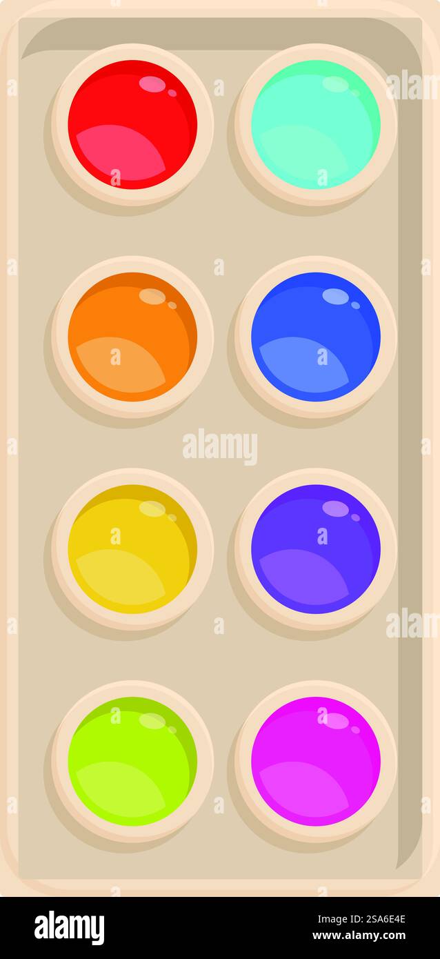 Lebendige Aquarellpalette wartet darauf, Kreativität zu entfesseln und farbenfrohe Ideen zum Leben zu erwecken. Farbenfrohe Palette von Aquarellen, die zum künstlerischen Ausdruck einladen Stock Vektor