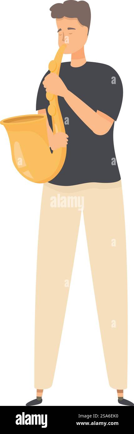 Junger Saxophonist spielt Musikinstrument, Jazzmusiker spielt Konzert. Der junge Mann steht und spielt Saxophon Stock Vektor