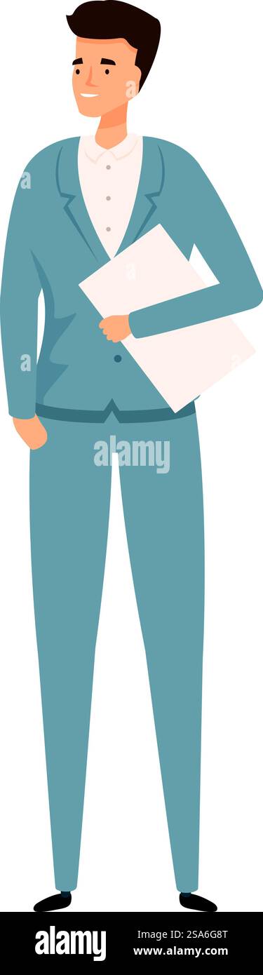 Geschäftsmann mit leerem Papierbogen, lächelnder Geschäftsmann, der leere Seiten für Text präsentiert. Der Geschäftsmann hält ein leeres Blatt in der Hand und zeigt eine leere Seite als Text Stock Vektor