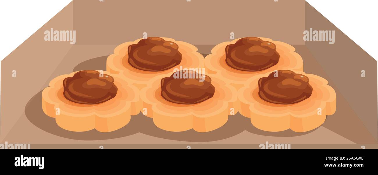Köstliche, blumenförmige Kekse mit Schokoladencreme-Füllung, die in einer Pappschachtel liegen. Pappschachtel voller blumenförmiger Kekse mit Schokolade Stock Vektor
