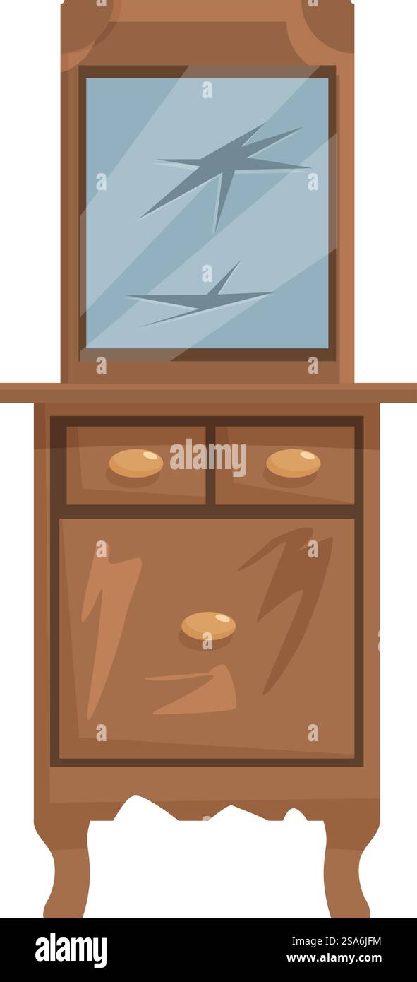 Alte, kaputte Holzkommode mit Spiegel mit beschädigter Oberfläche, isoliert auf weißem Hintergrund. Alte, kaputte Holzkommode mit Spiegel mit beschädigter Oberfläche Stock Vektor