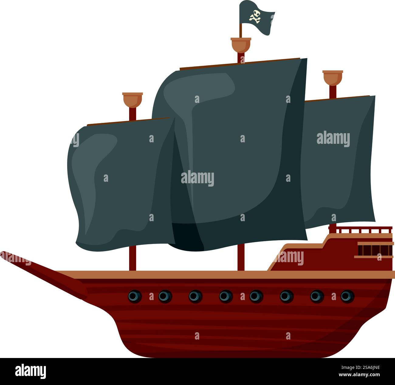 Klassisches Piratenschiff auf hoher See, bereit für Abenteuer. Piratenschiff, das mit schwarzen Segeln auf weißem Hintergrund segelt Stock Vektor