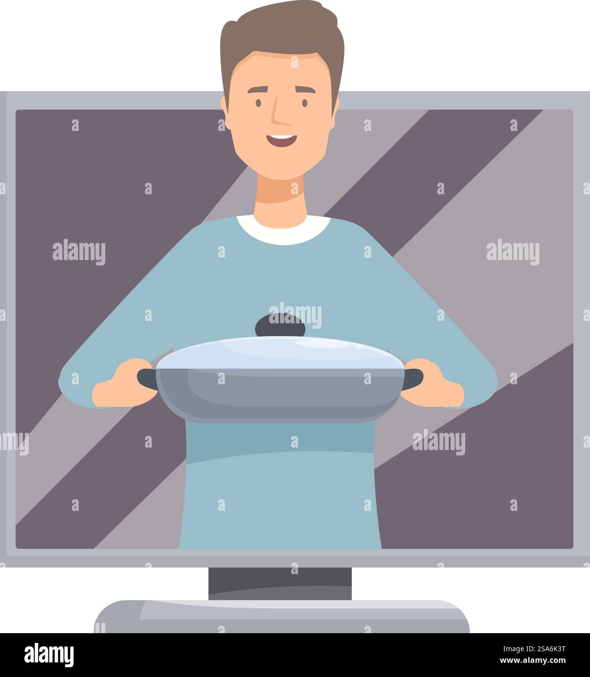 Online-Kochshow-Konzept mit einem lächelnden Mann, der die Pfanne hält, erscheint vom Computerbildschirm. Ein lächelnder Mann, der eine Pfanne hält, erscheint vom Computerbildschirm Stock Vektor