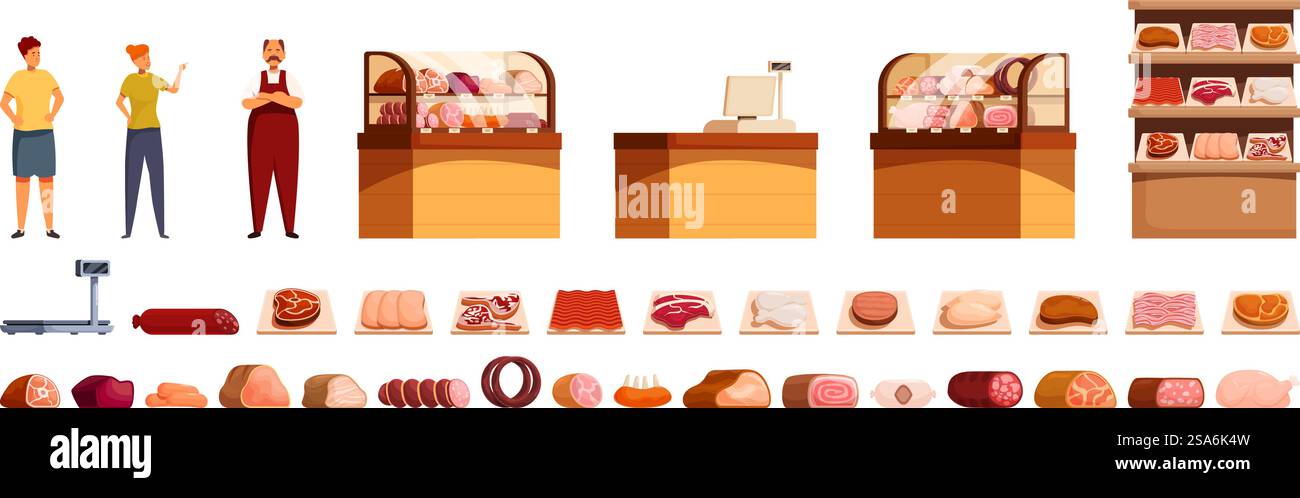 Icons im Innern des Fleischgeschäfts. Kunden aus Metzgereien wählen frische Fleischprodukte für die Zubereitung köstlicher Gerichte. Icons im Innern des Fleischgeschäfts. Männliche und weibliche Kunden wählen in der Fleischerei frische Fleischprodukte Stock Vektor