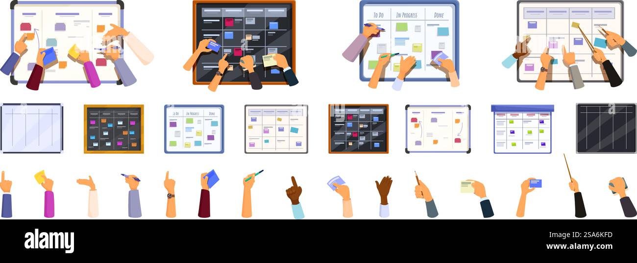 Symbole für Scrum Board gesetzt. Projektmanager schreiben auf Scrum-Taskboard, agile Teamarbeit, Symbole für die Planung der Softwareentwicklung. Symbole für Scrum Board gesetzt. Geschäftsteams planen Projekt mit agiler Methodik, Scrum Task Board mit Haftnotizen Stock Vektor