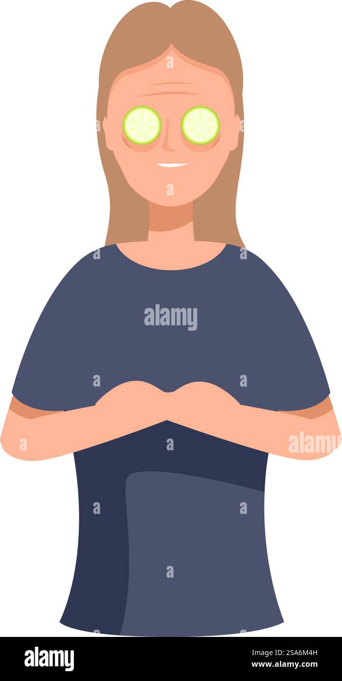 Frau genießt eine Schönheitsbehandlung, trägt Gurkenscheiben auf den Augen für ein erfrischendes und verjüngendes Erlebnis. Frau, die sich mit Gurkenmaske im Gesicht entspannt Stock Vektor