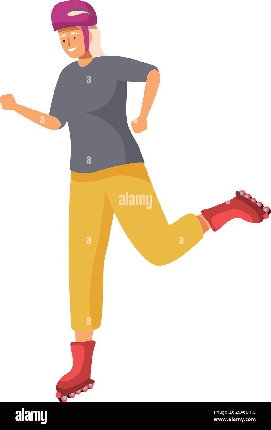 Ältere Frau lächelt im Rollschuhlaufen, was das Konzept des aktiven Alterns veranschaulicht. Ältere Frau mit Helm, die Rollschuhlaufen genießt und einen gesunden Lebensstil aufrechterhält Stock Vektor