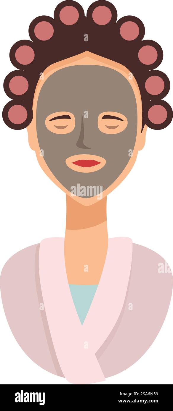 Frau mit Bademantel und Lockenwicklern, die eine verjüngende Gesichtsmaske genießt. Frau mit Lockenwicklern, die eine verjüngende Gesichtsmaske aufträgt Stock Vektor
