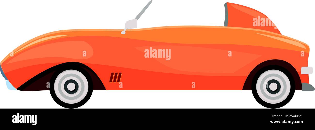 Klassischer, orangener Sportwagen, der an einem sonnigen Tag schnell fährt. Orangefarbener Cabriolet, der an einem sonnigen Tag rasant fährt Stock Vektor