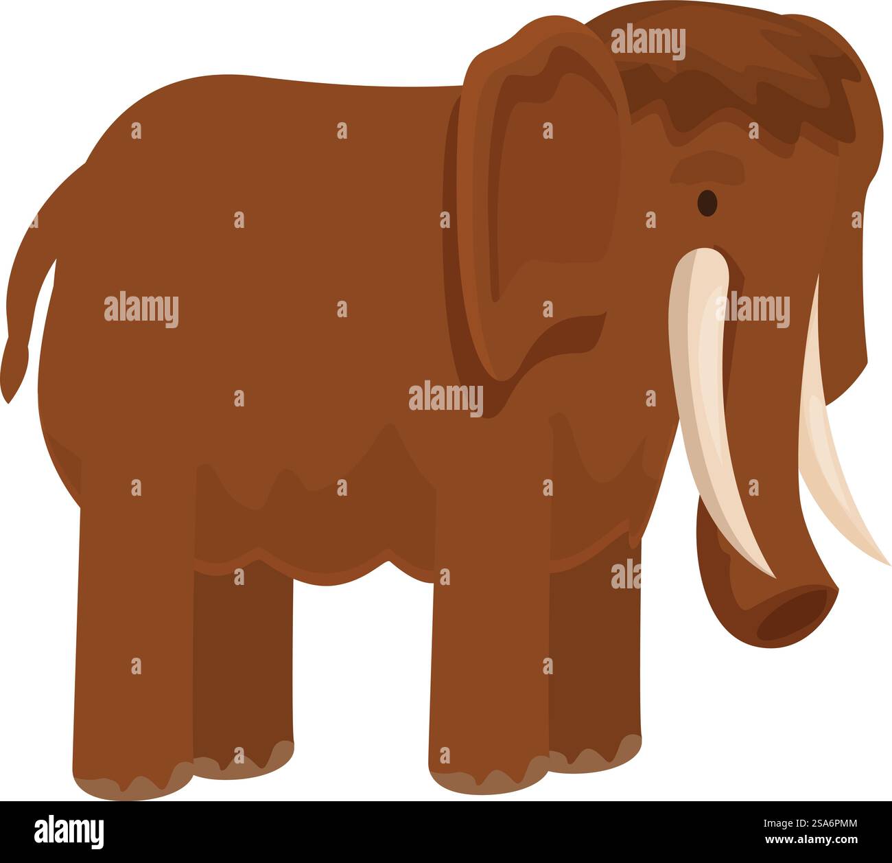 Großes, braunes Wollmammut mit großen weißen Stoßzähnen. Großes Mammut aus Wolle, das auf vier Beinen steht Stock Vektor