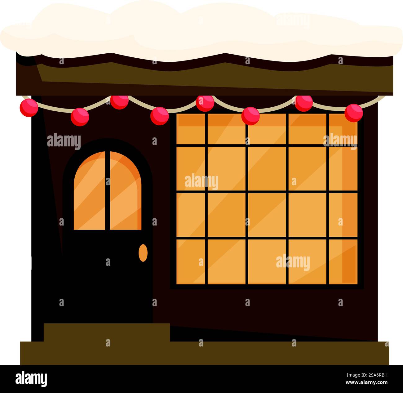 Kleine Geschäftsfassade mit weihnachtslichtern, die nachts mit Schnee bedeckt sind. Kleine Geschäftsfassade mit weihnachtslichtern, die mit Schnee bedeckt sind Stock Vektor